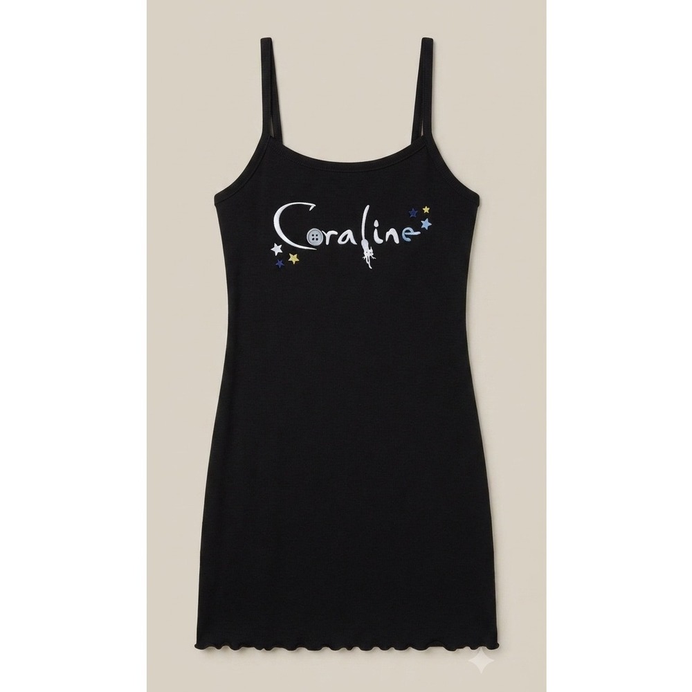 Coraline Movie Graphic Ribbed Mini Dress Black Cami Strap Lettuce Hem Lg
